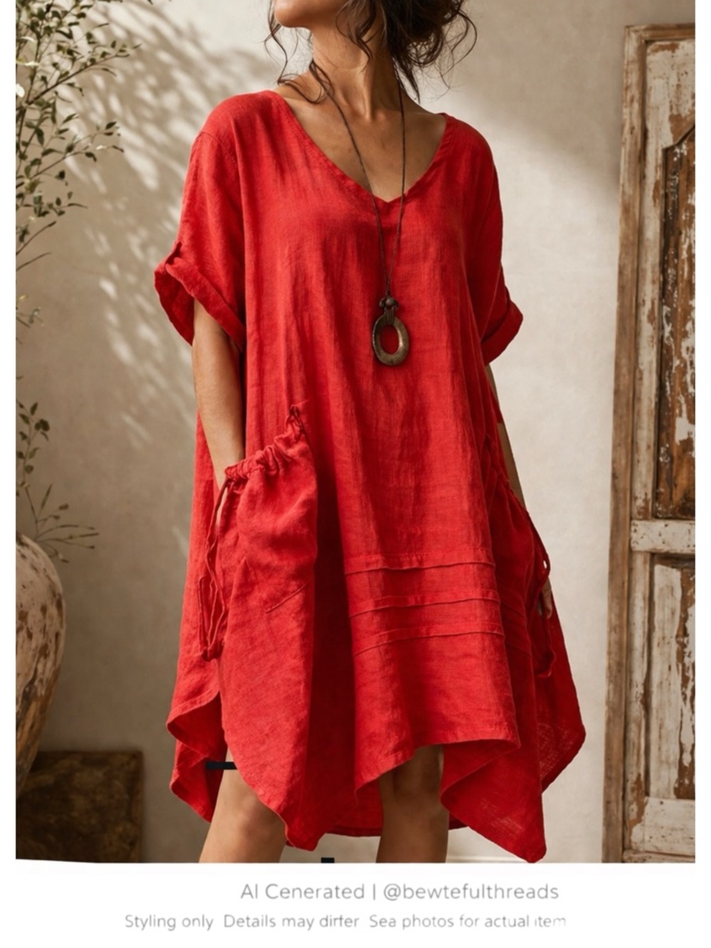 Italian Linen Lagenlook Tunic Dress Red Oversized Artsy Pockets